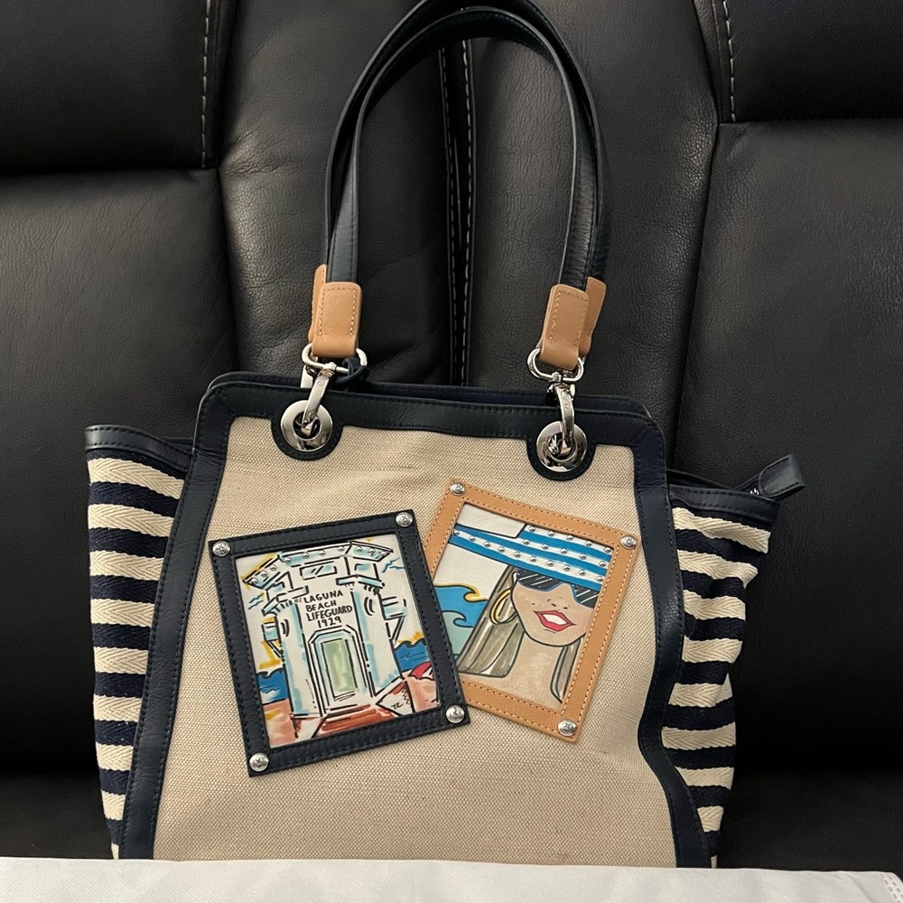 Brighton Blue and Cream Tote Bag with Leather Handles